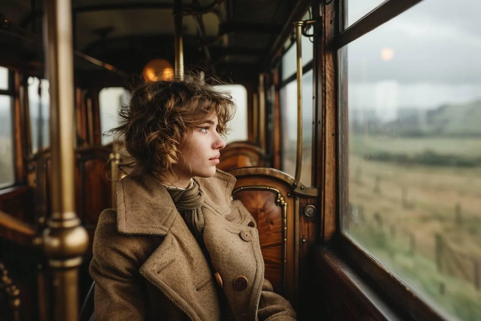 Un voyageur assis près de la fenêtre d’un train au lever du jour, dans une ambiance calme et contemplative.