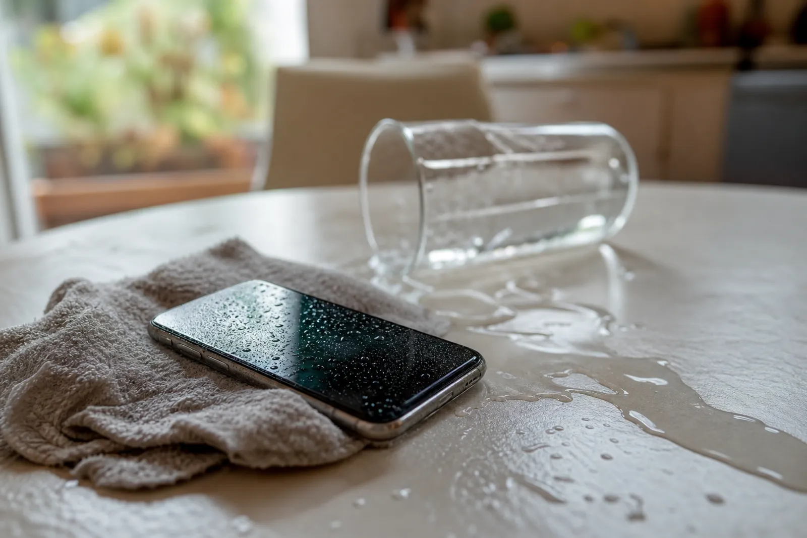 Smartphone mouillé posé sur une serviette à côté d'un verre d'eau renversé, gouttes visibles sur l'écran.