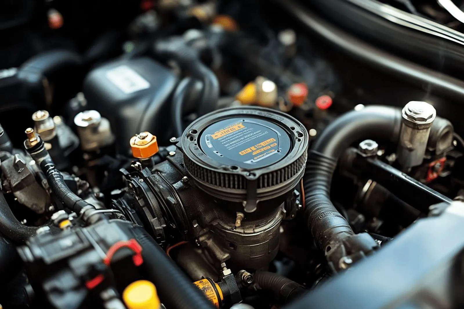 Un mécanicien diagnostique un moteur de voiture avec une valise OBD dans un atelier moderne.