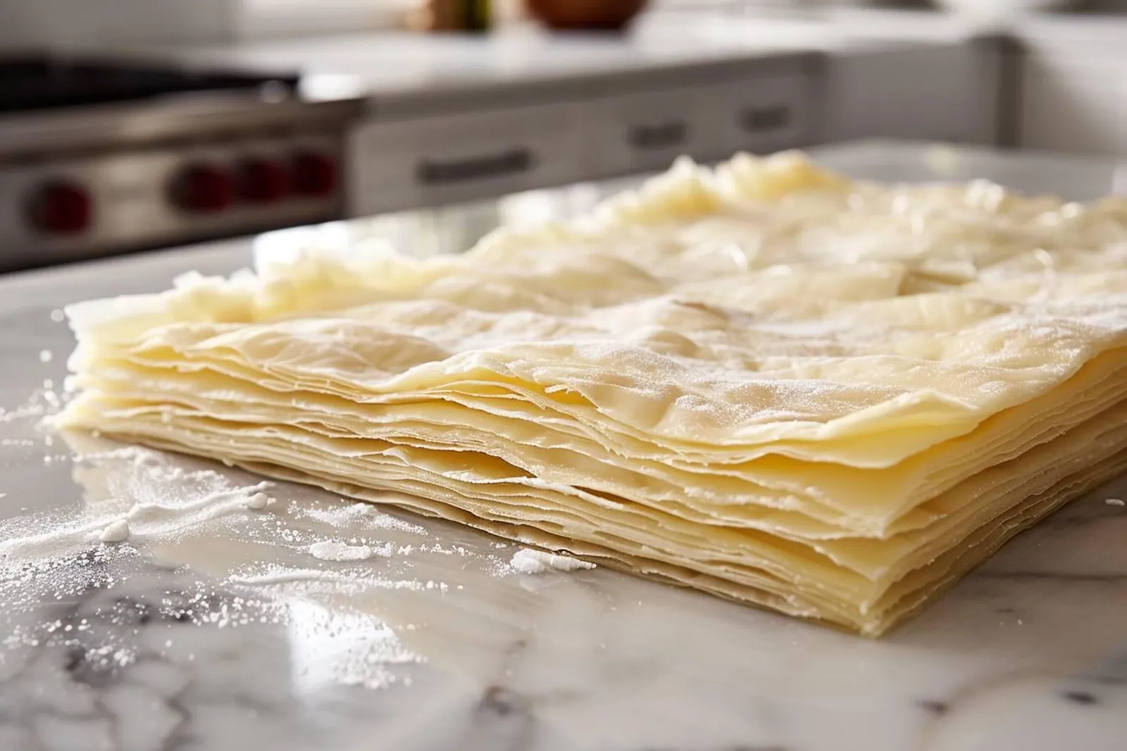 Une pâte feuilletée encore emballée placée au réfrigérateur dans une cuisine lumineuse.