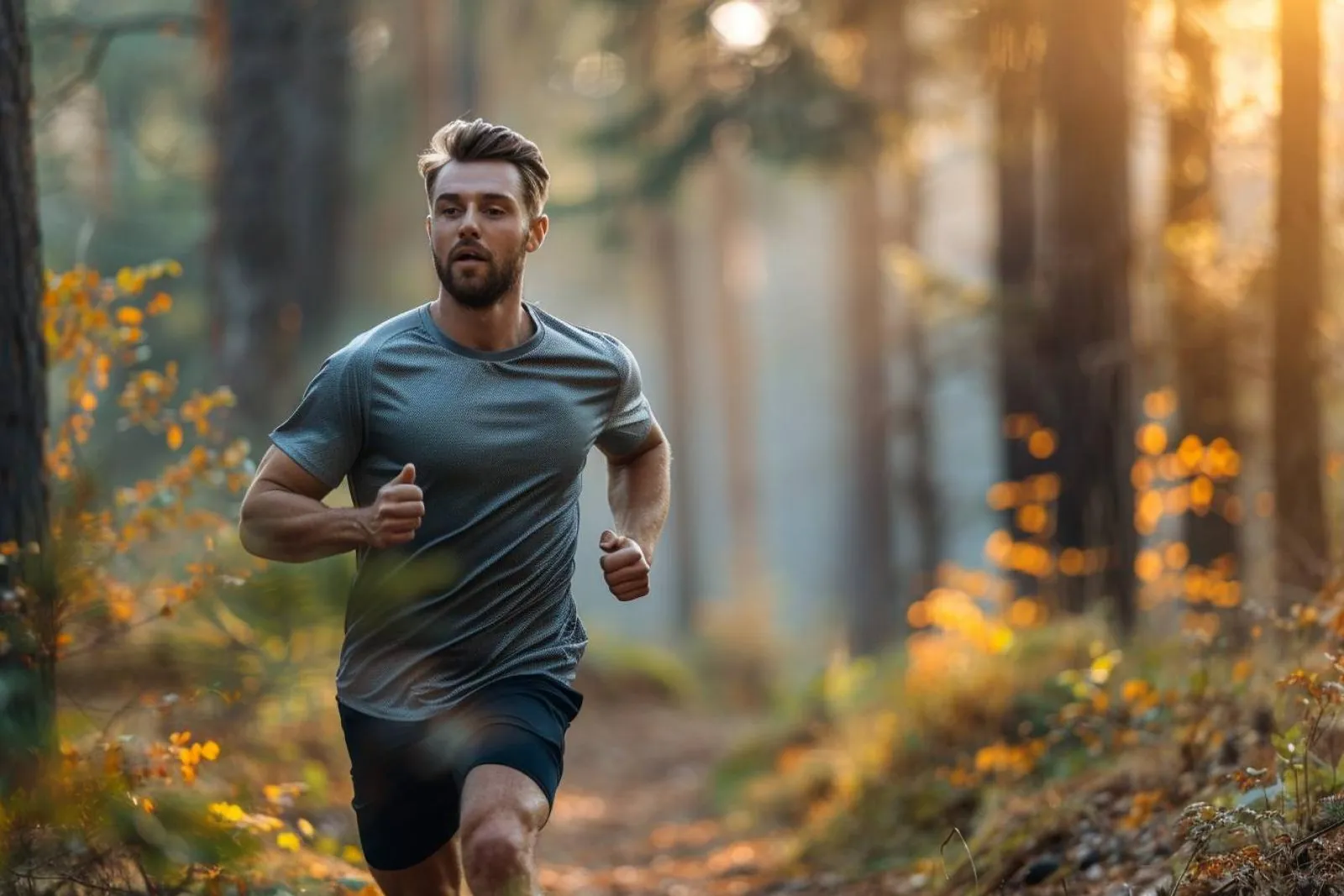 Un sportif en pause sur une piste d’entraînement, pratiquant une respiration contrôlée pour retrouver son calme.