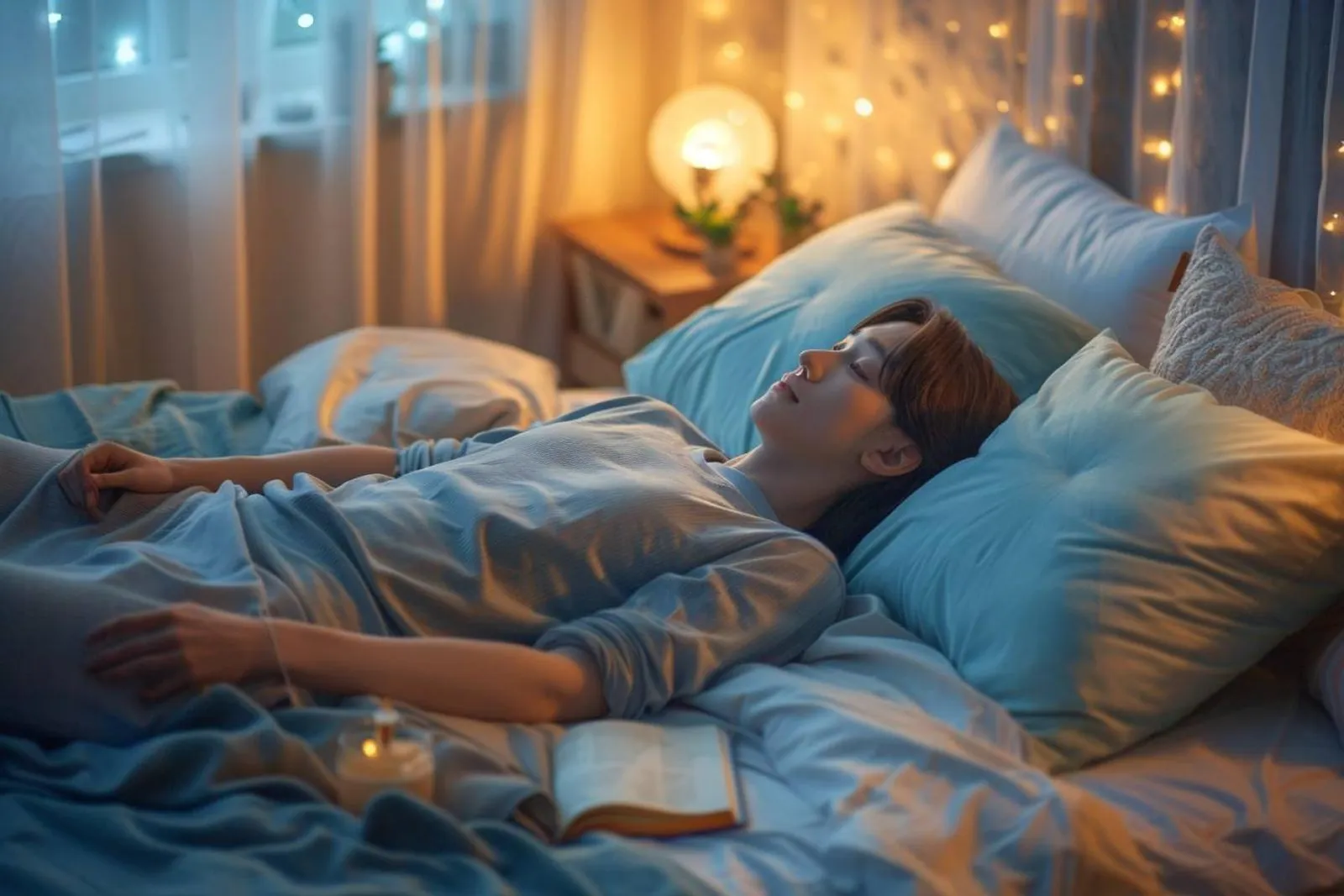 Une personne pratique une respiration lente au bord du lit dans une chambre sobre et apaisante, éclairée par une lampe douce.