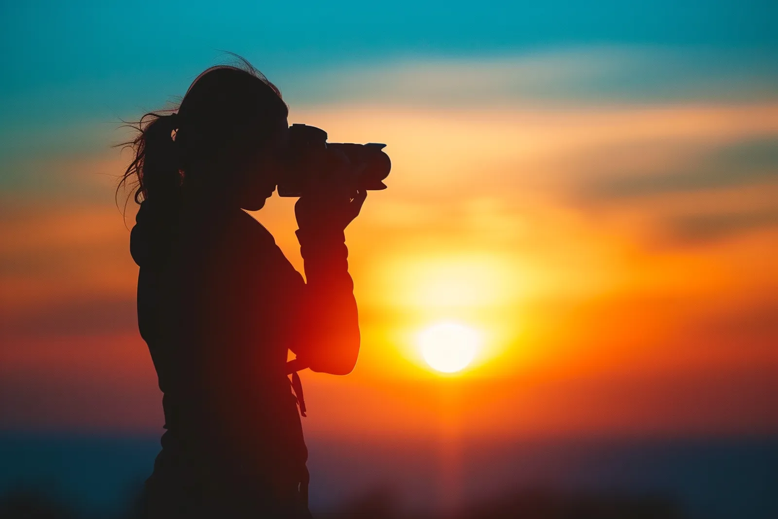 Un photographe réalise un portrait en contre-jour en extérieur, avec une lumière dorée dessinant les contours du sujet.