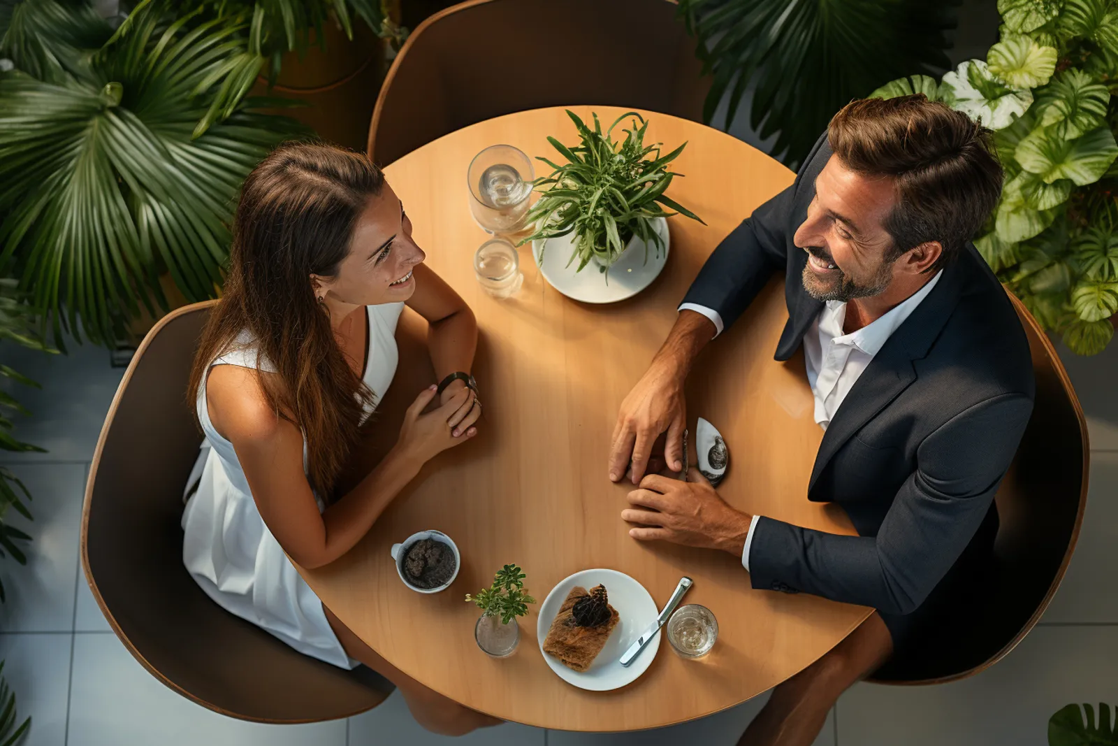 Deux personnes échangent naturellement dans un café lumineux, avec une écoute attentive et une ambiance détendue.
