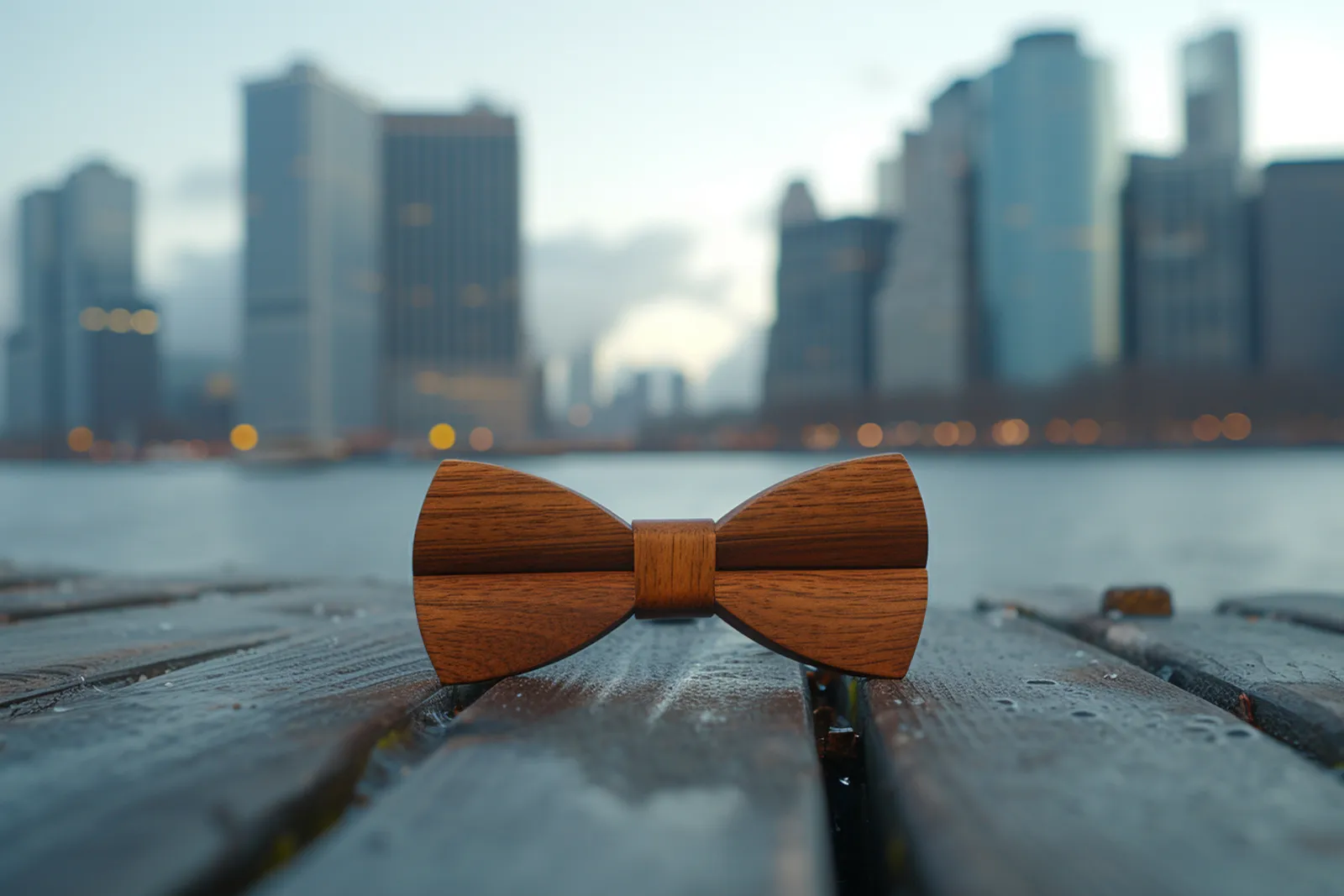 Un homme élégant ajuste un noeud papillon en bois sur une chemise blanche avec costume sombre.