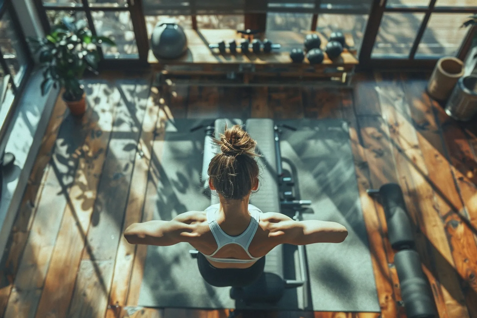 Une personne réalise une séance de renforcement musculaire à domicile sur un tapis, dans un salon lumineux.