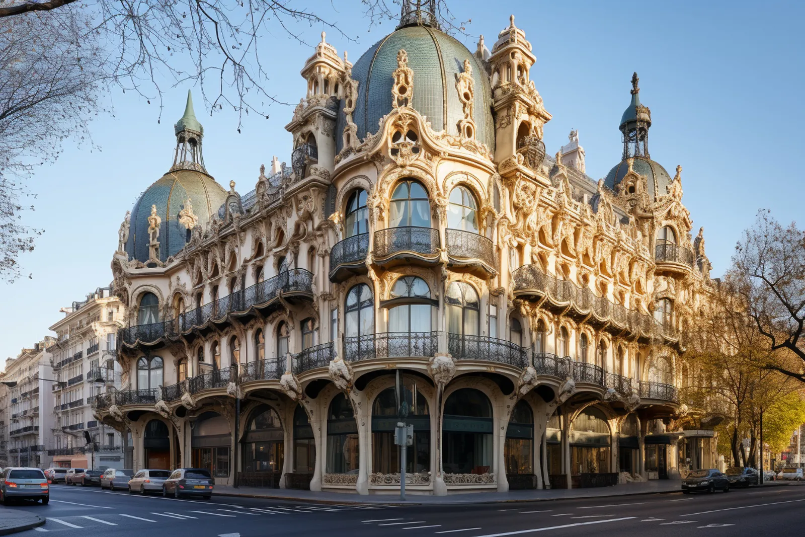 Une rue européenne bordée de façades Art nouveau richement ornées, photographiée en lumière naturelle.