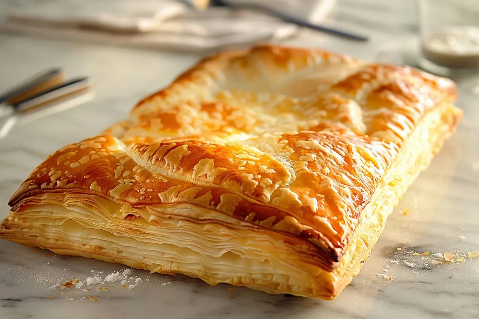 Une pâte feuilletée sortie du congélateur, posée sur un plan de travail de cuisine avec des ustensiles de pâtisserie.