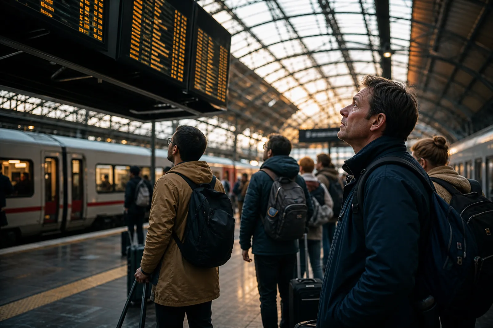 Voyageurs attendant sur un quai de gare devant un panneau d'affichage annonçant un retard de train.