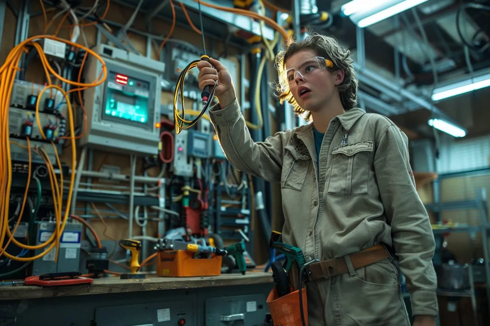 Un électricien contrôle un panneau d’atelier près d’un moteur triphasé et de câbles soigneusement rangés.