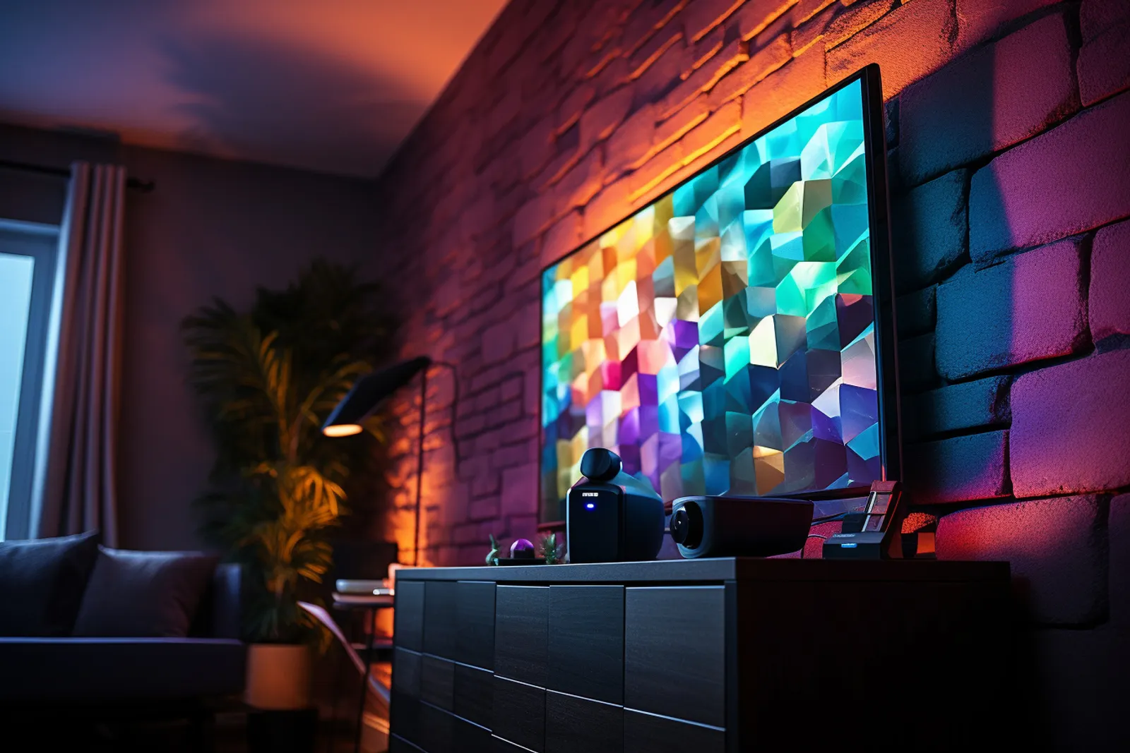 Un vidéoprojecteur diffuse une grande image de film sur un mur clair dans un salon sombre et soigné.