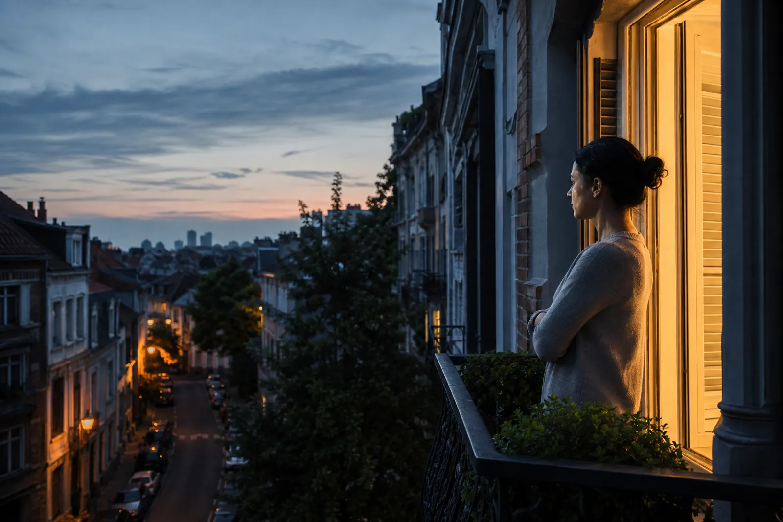 Un salon avec une fenêtre entrouverte la nuit, lumière d'un lampadaire filtrant depuis l'immeuble voisin.