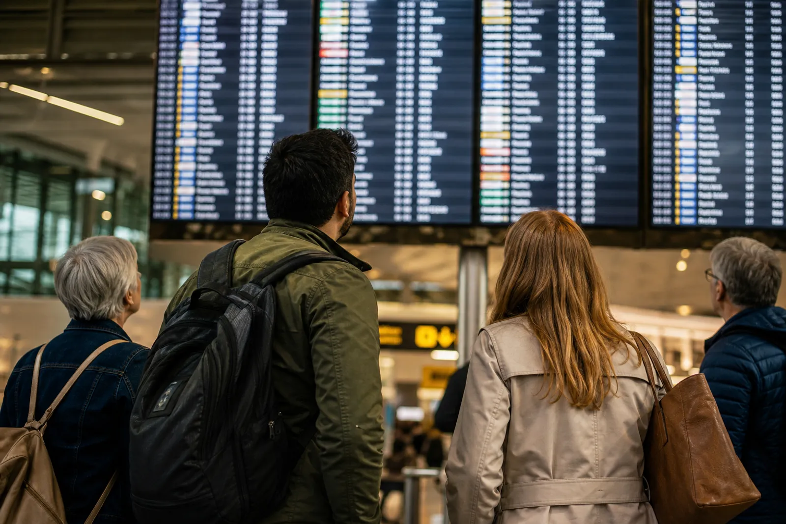 Voyageurs regardant un panneau d'affichage des départs dans un aéroport annonçant un vol retardé.