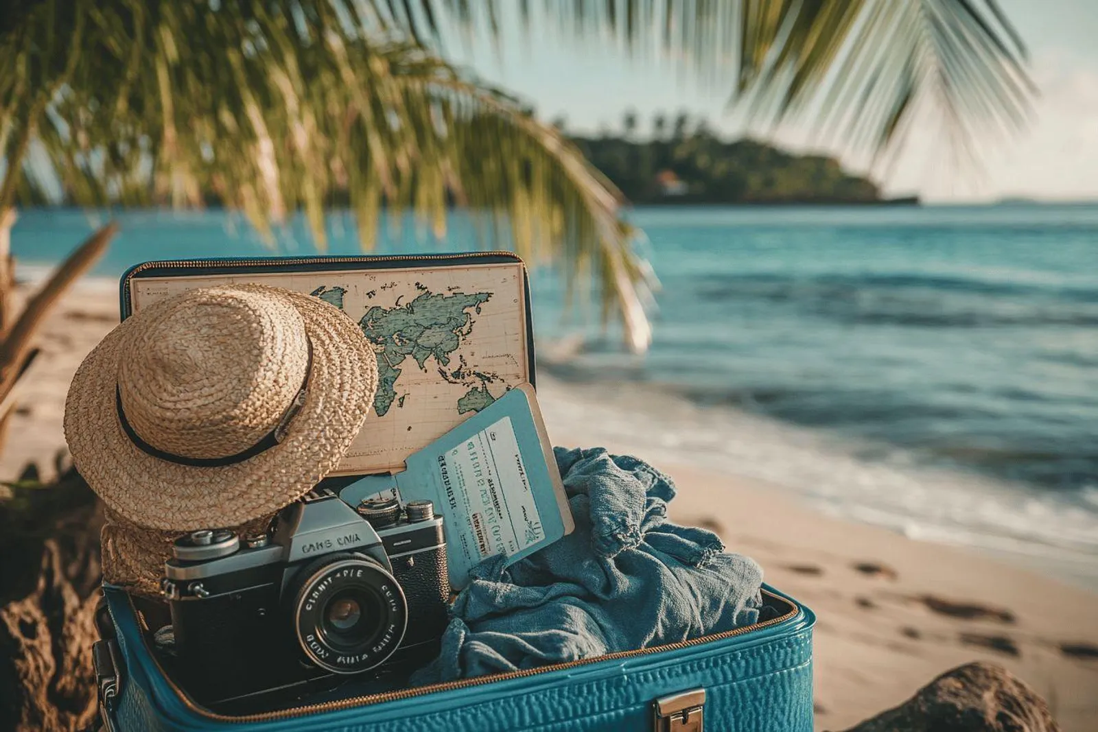 Un voyageur compare des vols sur son ordinateur dans un aéroport, avec une ambiance de départ vers une destination tropicale.