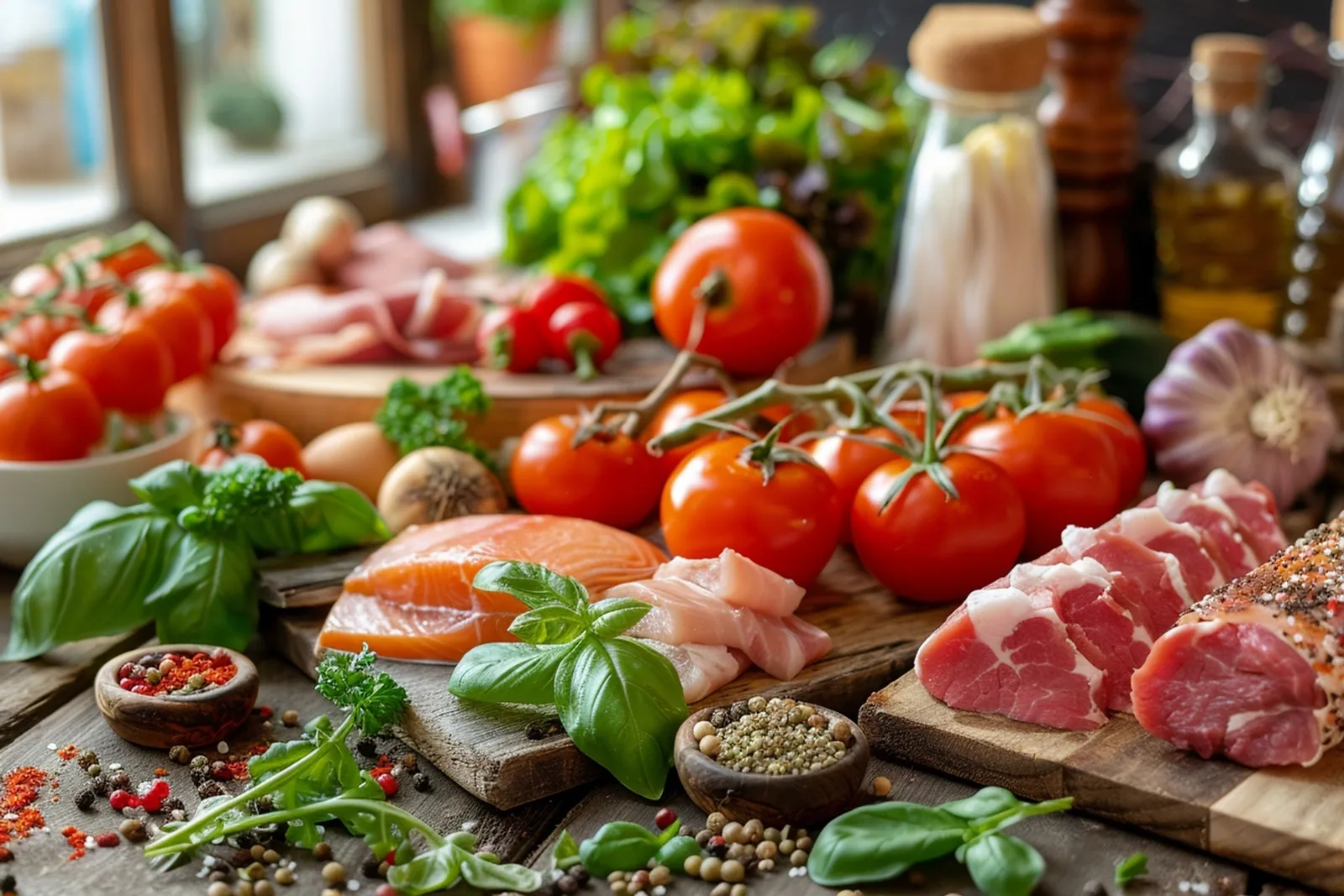 Une table présentant plusieurs recettes céto variées, avec salade avocat-thon, plat chaud et dessert léger.