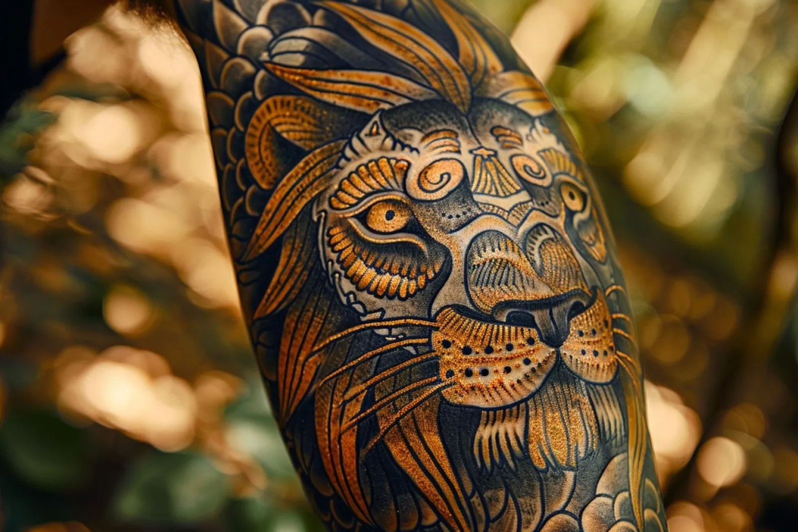 Un client examine avec un tatoueur un dessin de tête de lion détaillé dans un studio lumineux.