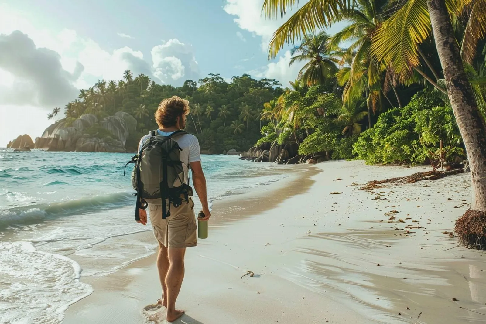 Un voyageur marche sur une plage des Seychelles avec une gourde réutilisable, dans un paysage tropical préservé.