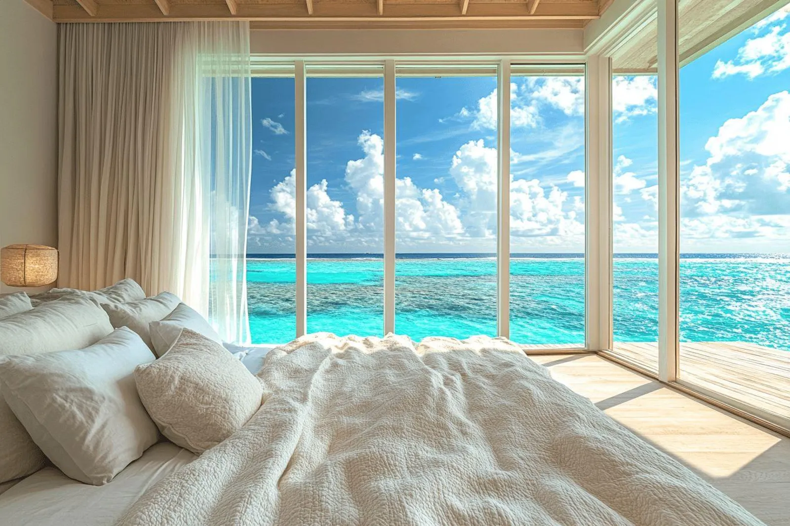 Une villa sur pilotis aux Maldives au lever du soleil, avec vue dégagée sur un lagon turquoise.