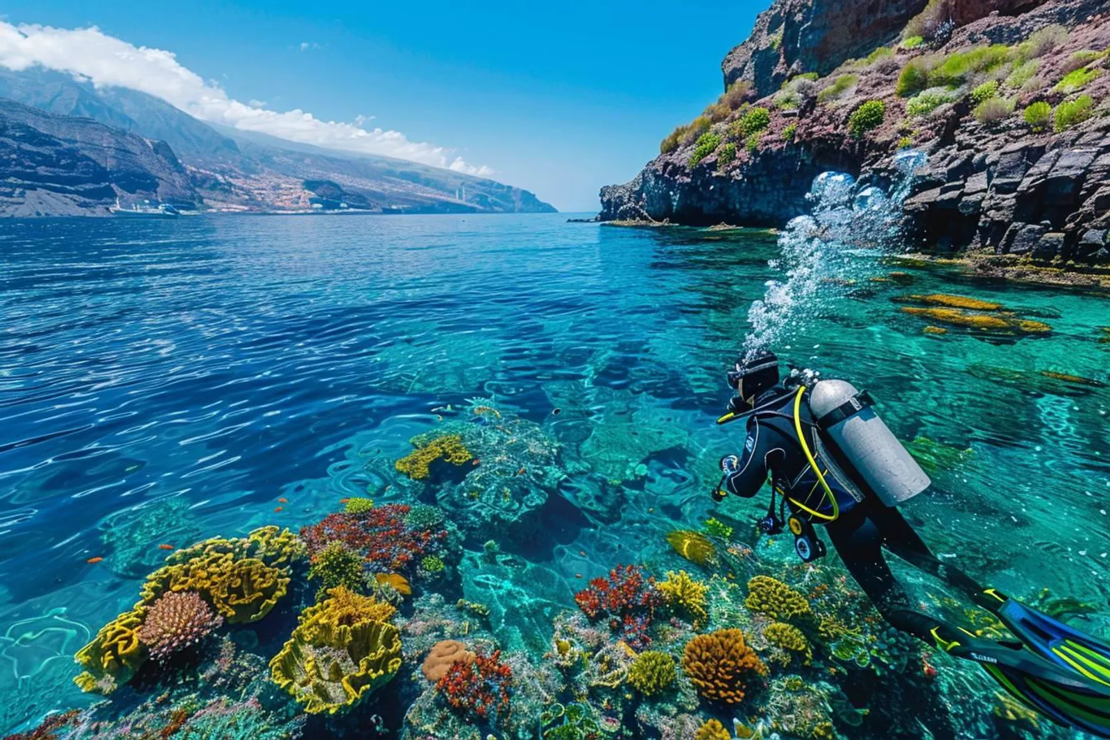 Un bateau de plongée au large de Tenerife avec un moniteur préparant l’équipement face à la côte volcanique.
